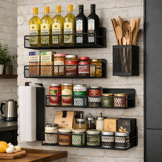 Orixentacosh® Magnetic Spice Rack for Refrigerator, 2-Pack Metal Shelf with Hooks for Kitchen Storage